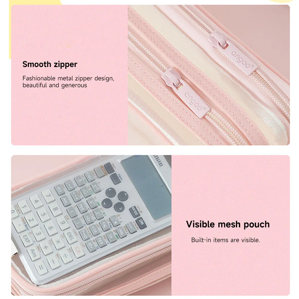 6 Colors Mesh Transparent Students Stationery Pencil Bag 2 Compartments Clear Makeup Bag Portable Travel Storage Pouch Pen Case