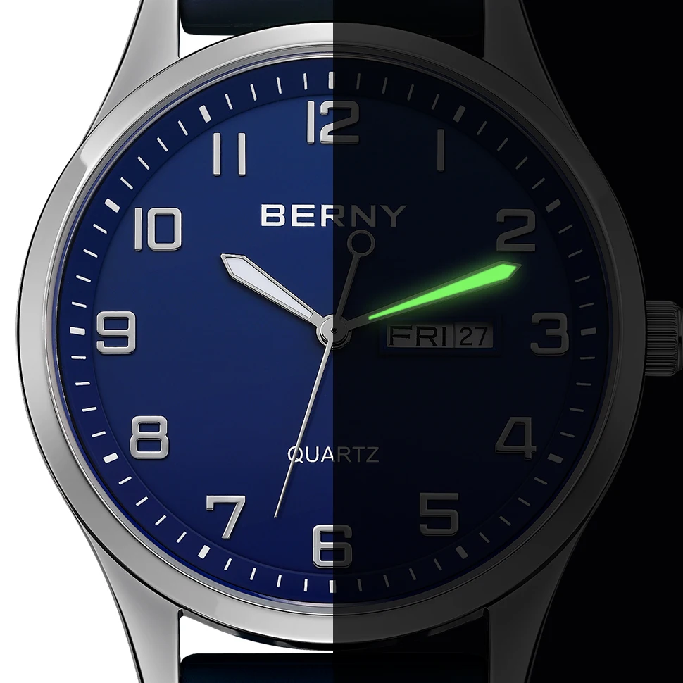 BERNY Uhren für Herren, Quarz, lässig, Sport, Herrenuhren, weiches Silikonarmband, großes Zifferblatt, Kalenderwoche, leicht ablesbare Armbanduhr – Detail 13