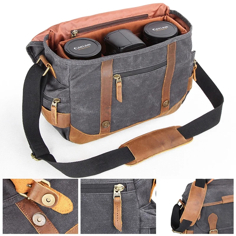 Borsa per fotocamera retrò KOOGER borsa a tracolla DSLR per fotografia impermeabile borsa a tracolla con cartella in tela cerata di grande capacità