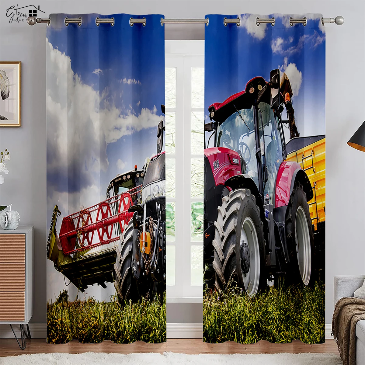 Tractor Farm 3D Printed Curtains Industrial Style Polyester Fiber Curtains Living Room Bedroom Kitchen Decorative Curtains 2PCS