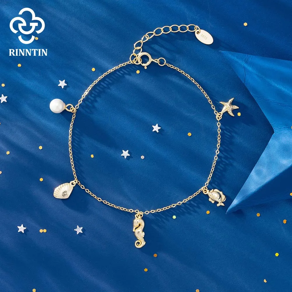 Rinntin Unique Seahorse Starfish Shell Bracelet for Women 925 Sterling Silver Handmade Pearl Thin Bracelets Jewelry APB02