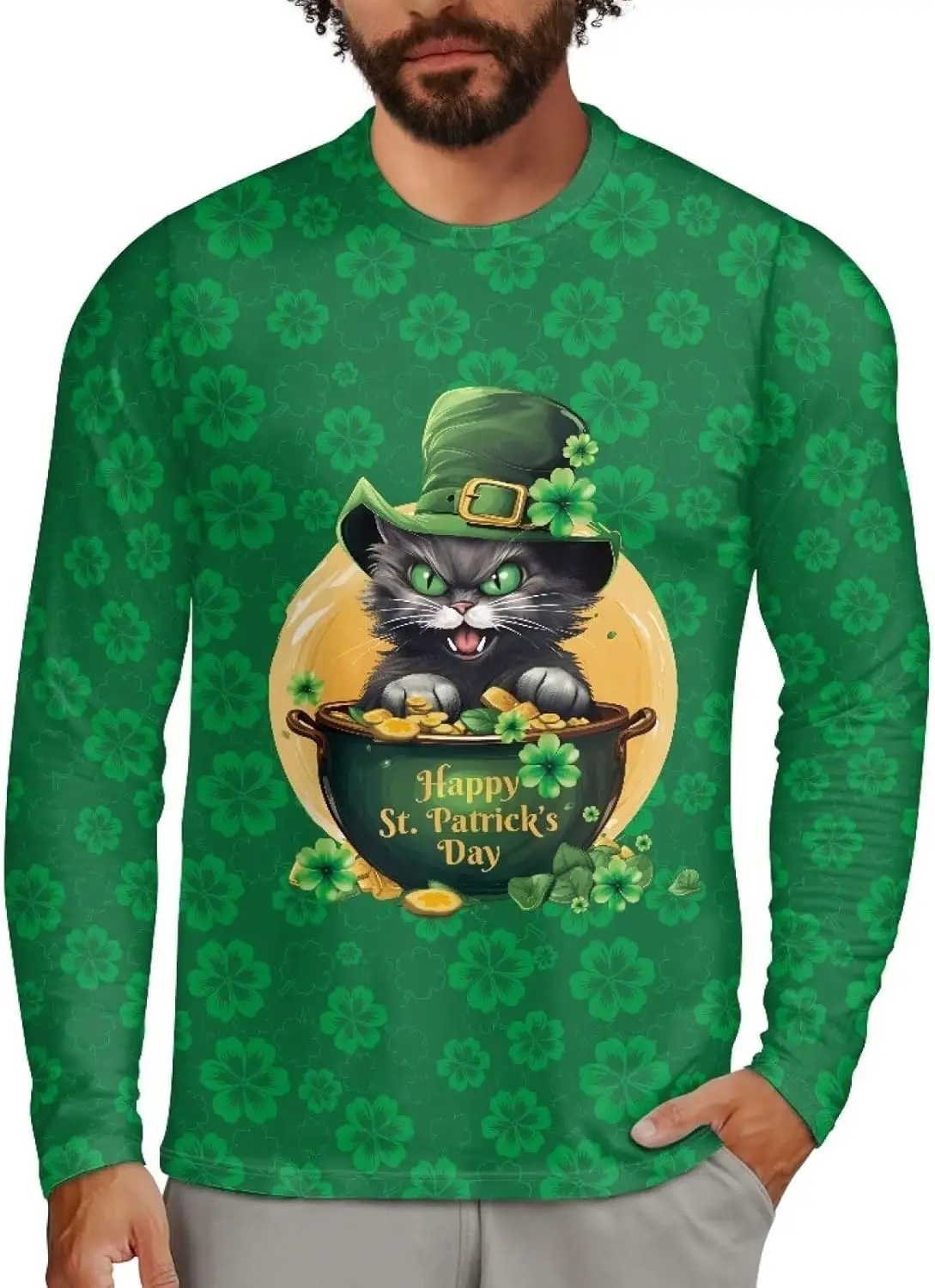 

St. Patrick's Day T-Shirt For Men 3D Print Clover Graphic Long Sleeve Green Clothes Loose Round Neck Comfortable Breathable Tops