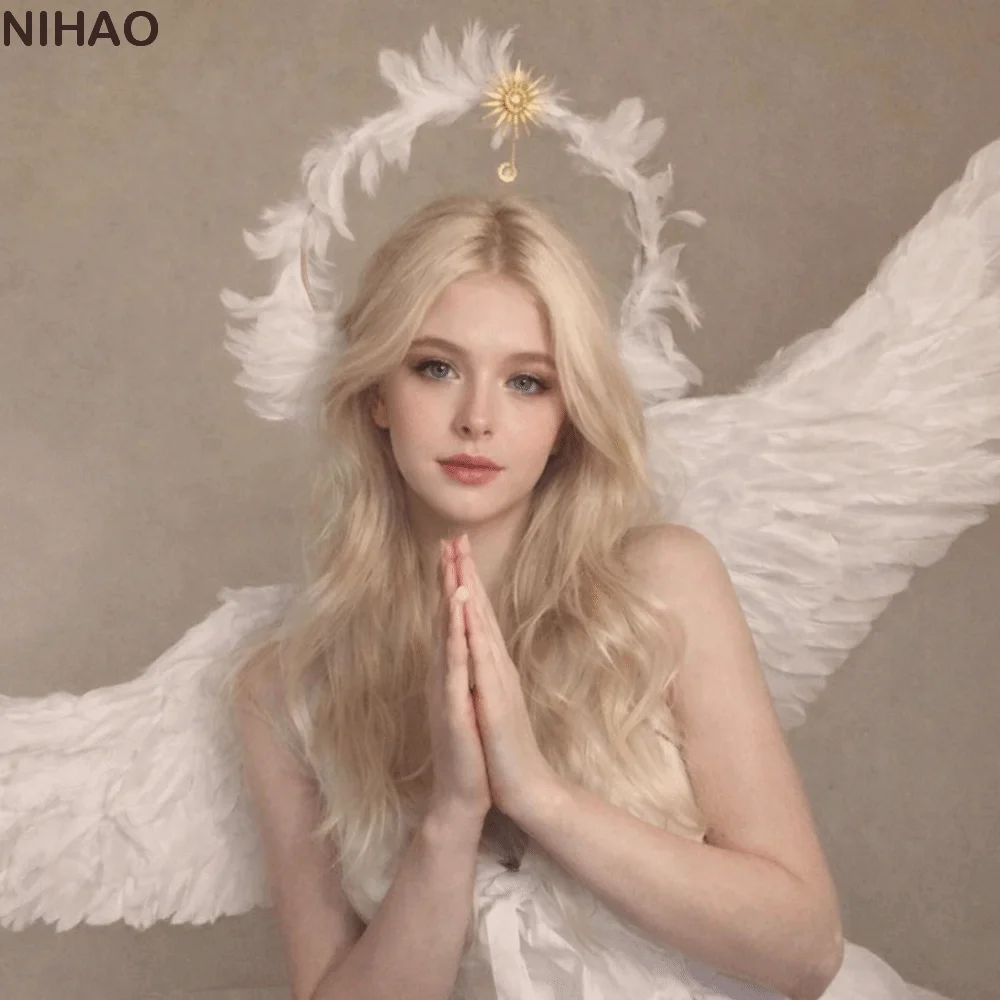 

Dress Up Props Feather Halo Crown Headband Handmade Glory Shape Virgin Mary Halo Queen Tiara Vintage Style Double Layer
