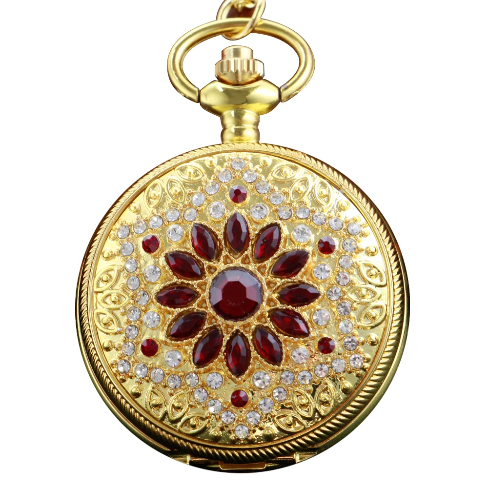 

Luxury Gold Ruby Men's and Women's Digital Quartz Pocket Watch Retro Fashion Necklace Jewelry Best Student Gift