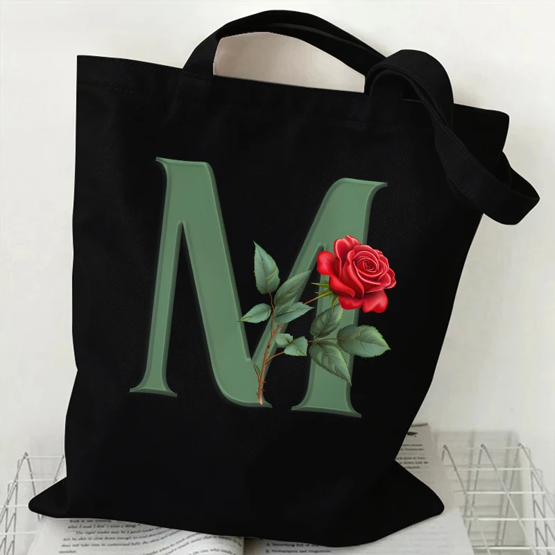 Green Roses A-Z 26 Alphabet Print Bags for Women Canvas Tote Shopping Bag Students Books Shoulder Bag Folding Eco-Friendly