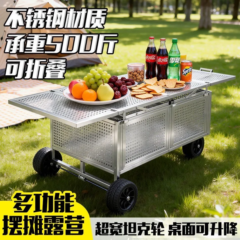 Stainless Steel Folding Camping Wagon, Hand Cart for Picnic Stall Grocery Delivery