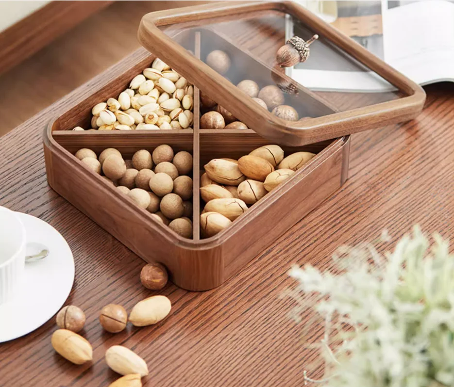 New Year full box candy box Chinese walnut solid wood tray storage box living room New Year snacks household dried fruit box