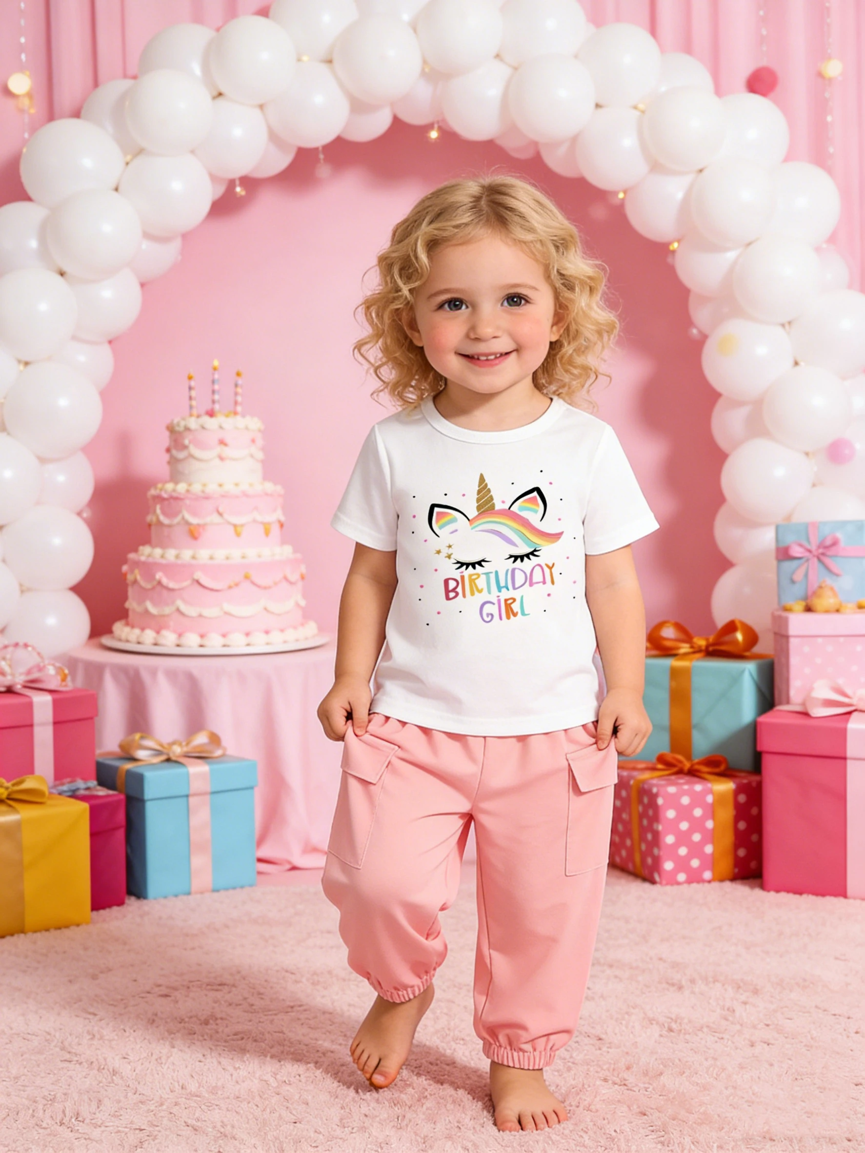 White & Pink Contrast Birthday Unicorn Two-Piece - Kids' Party Sweet Summer Set
