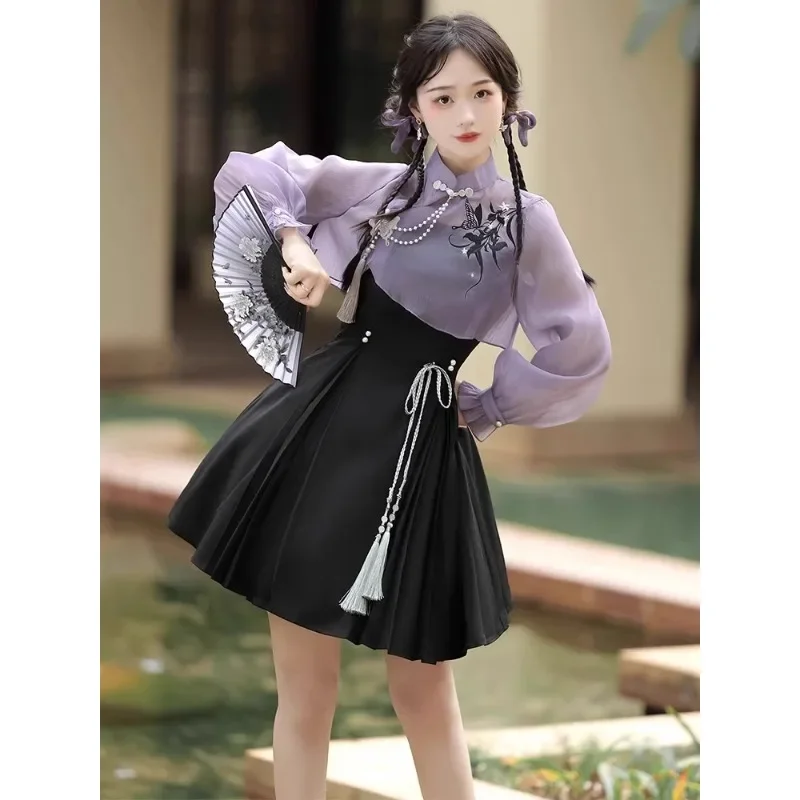 Chinese Purple Stand Collar Embroidered Long Sleeved Top Black Suspender Skirt Lolita Dress Suit Women Summer Sweet Party Dress