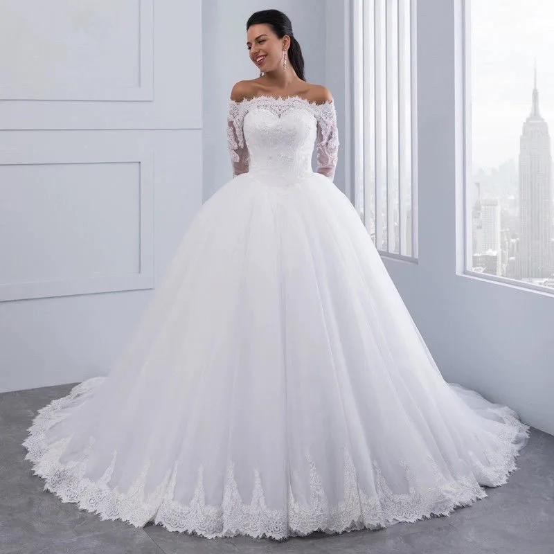 

White Ivory Boat Neck Lace Wedding Dress Long Sleeves Crystal Tulle Sweep Ball Gown vestidos de novia 2023 Women Bride Dresses