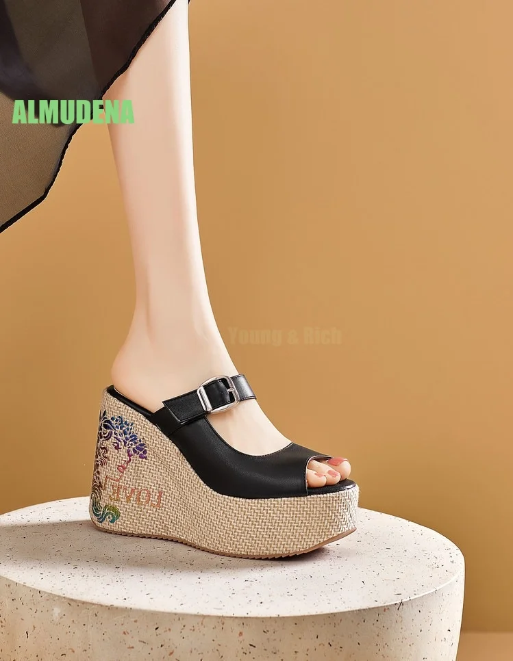 

Open Toe Wedge Mule Sandals Leather Buckle Fastener Slip On Printed Jute Heel Platform Lightweight Breathable Casual Footwear