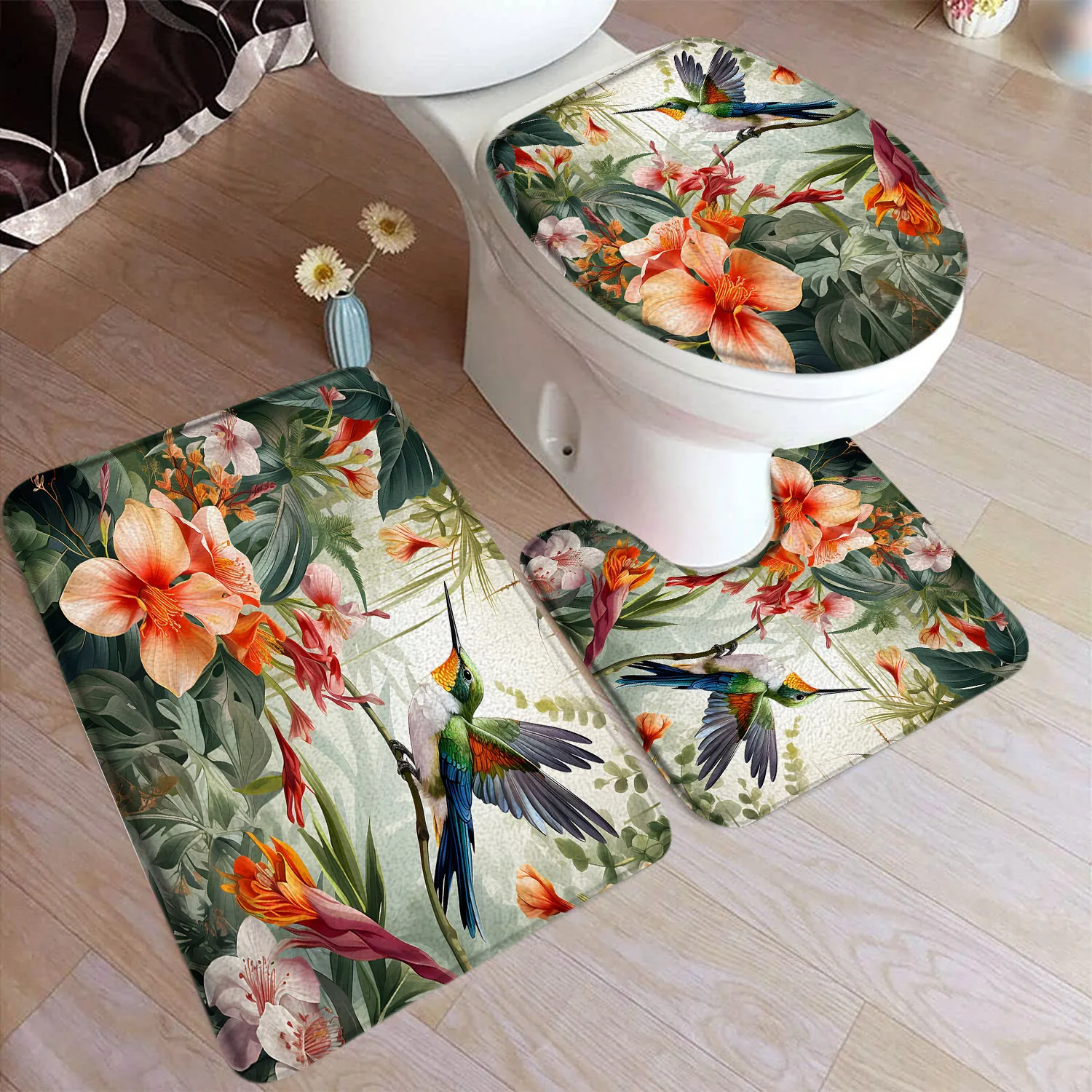 Green Hummingbird Bath Mat Set White Flowers Plant Butterfly Birds Rustic Scenery Home Carpet Bathroom Decor Rugs Toilet Cover