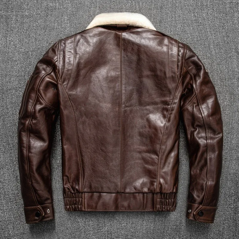 Oil-wax top layer bison leather for men lapel plus-size with cotton coat