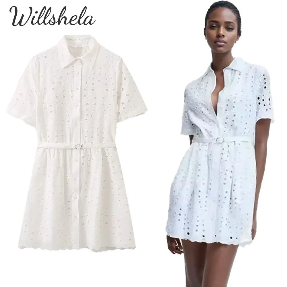 

Willshela Women Fashion Cotton Embroidery Mini Dress Lapel Collar Short Sleeves Hollow Out Female Chic Casual Short Vestidos