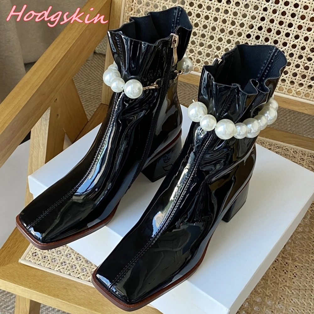 

Pearl Chain Chunky Heels Women Boots Square Toe Patent Leather Side Zipper Short Boots 2024 Newest Elegant Autumn Winter Boots