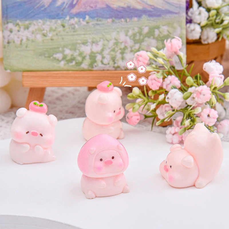 Cute Cartoon Peach Pig Figurine Miniaturas Ornament Resin Piggy Statue Collection Toy Fairy Garden Mini Miniatures