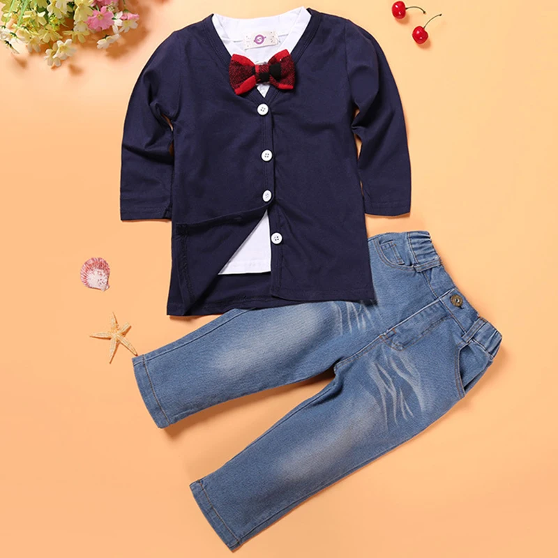 Spring Autumn Baby Boy Outfit Korean Fashion Gentleman Tie Tops+Cardigan+Jeans Kids Boutique Clothes Children\'s Sets BC1336-1