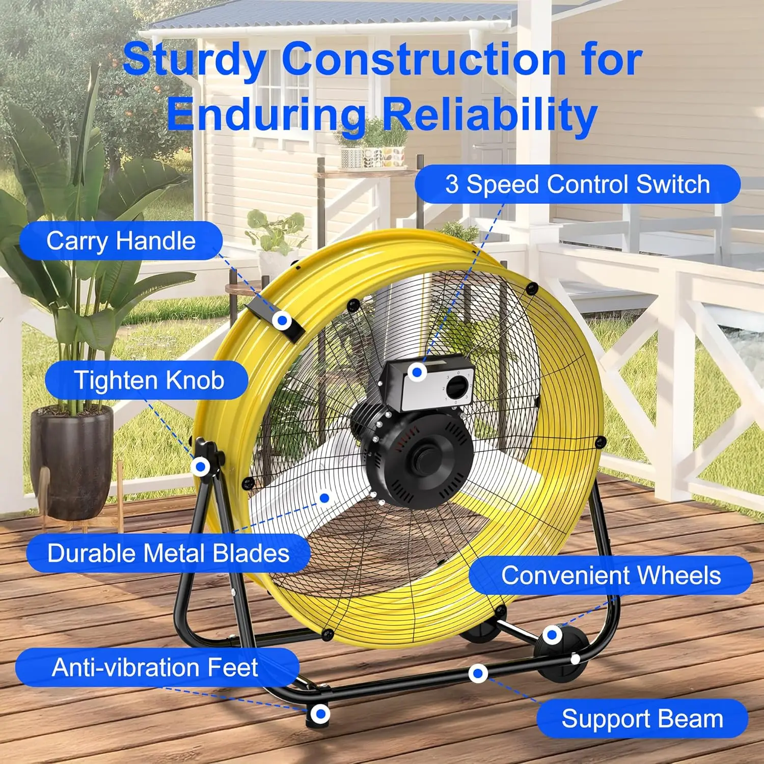 Uthfy Ventilateur à tambour industriel robuste de 40 pouces, ventilateur de sol haute vitesse 600 W avec 3 vitesses, 360 °   Ventilateur de garage inclinable en métal pour Warehou