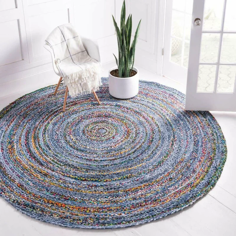 

Round Rug 100% Handmade Denim Rag Style Rug Reversible Braided Modern Rustic Look