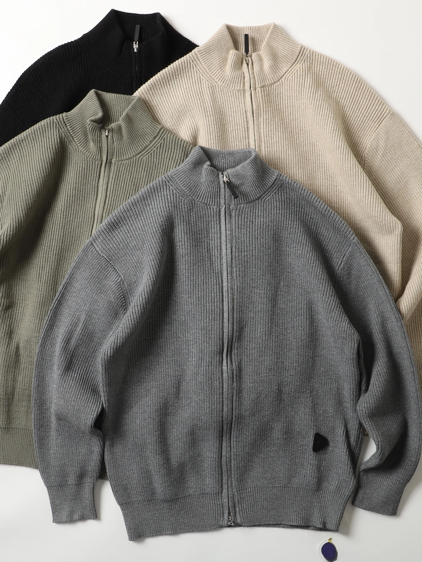 

Мужской вязаный кардиган в японском ретро-стиле с двойной молнией и воротником-стойкой, повседневный осенне-зимний свитер, модная верхняя одежда