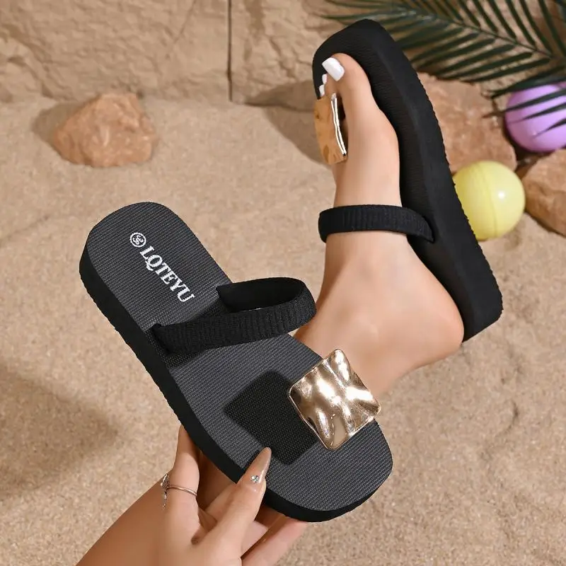 Designer Metall-Dekoration Dickbodige Clip-Toe Sandalen Damen Sommer 2026 Leichte EVA Flip-Flops Damen Schwarze Strandpantoffeln – Detail 7