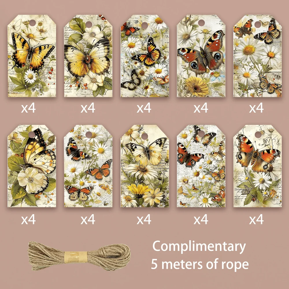 40pcs, Gift Tags, Vintage Butterfly Wildflower Art, Hanging Paper Labels for Gift Wrapping, Holiday Party Decor with String