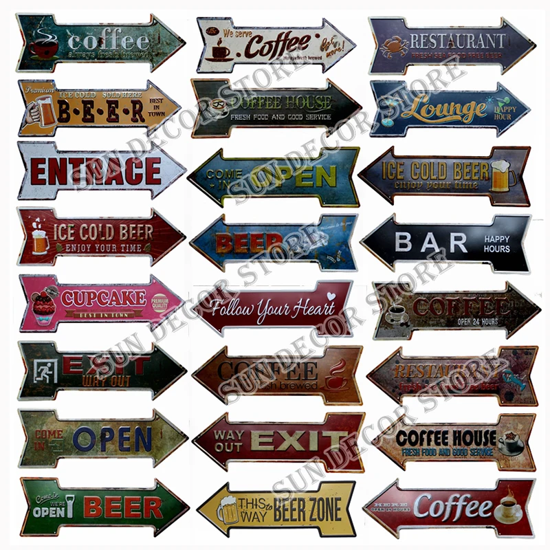 

Restaurant Coffee Beer Bar Arrow Metal Irregular Tin Signs Advertising Board Wall Pub Home Art Decor 42X10CM B (1)