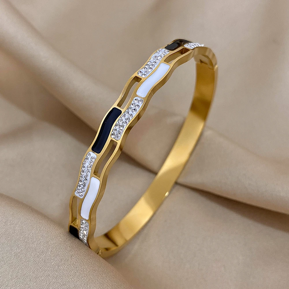 Greatera Stainless Steel White Black Enamel Rhinestone Charm Bracelet Bangles for Women Gold Plated Irregular Bracelets Jewelry