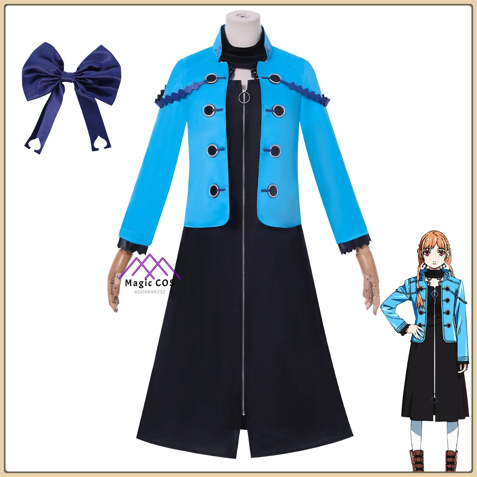 

Original Anime VIRGIN PUNK Kami Hyou Yuu Cosplay Costume Black Dress + Blue Coat + Wig Women's Anime Outfit for Comic Con Party