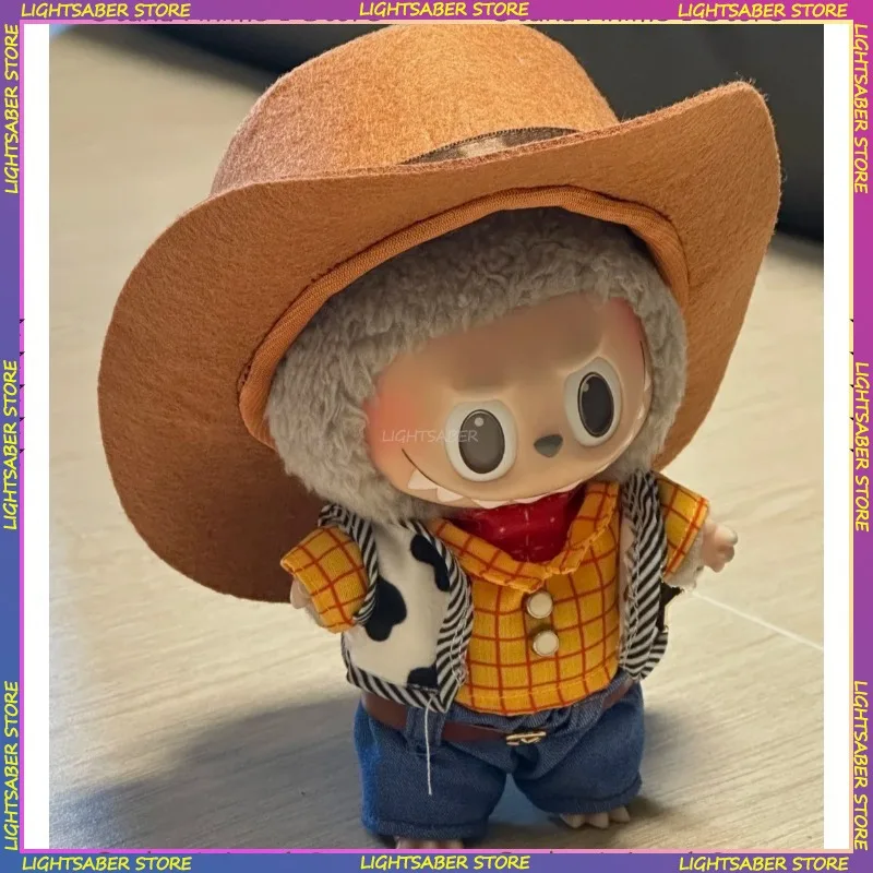 الكرتون كاوبوي Labubu 3.0 الملابس قبعات رعاة البقر الغربية الزي مع عشر جالون قبعة صغيرة أفخم دمية الملابس موضة إكسسوارات دمي هدية