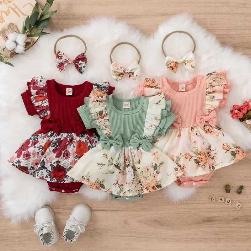 Baby Flower Romper Dress with Headbands Newborn Girl Baby Clothes Baby Girl Outfit Set for Summer,0-18 Months,80% Cotton