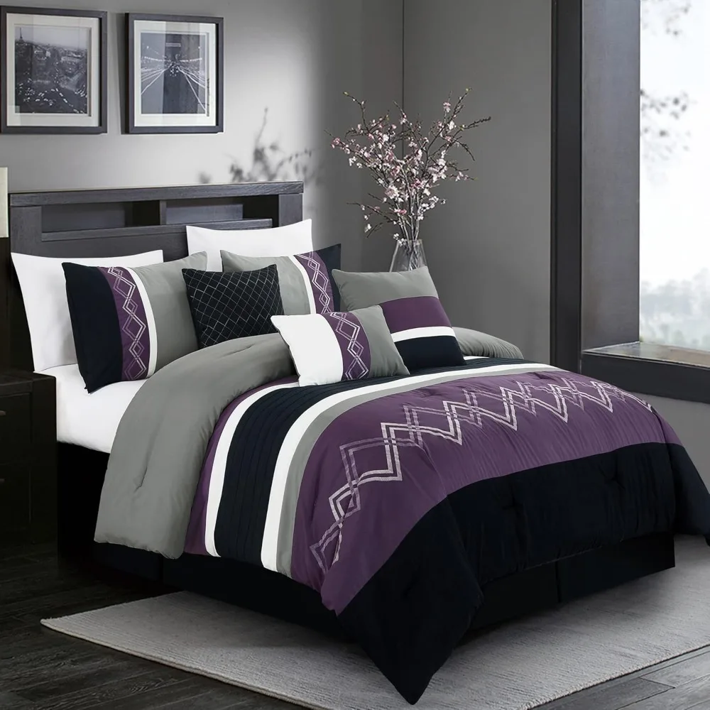 

Collection Arden 7-Piece Modern Pleated Stripe Embroidered Zigzag Bedding Comforter Set (Queen, Purple/Black/Gray/White)