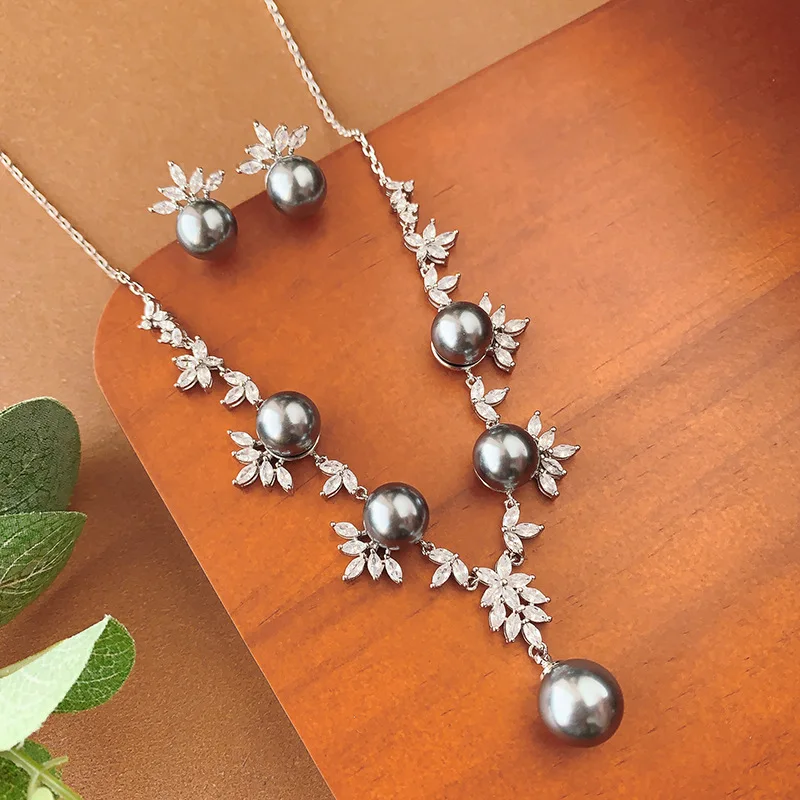 

New Jewelry Set Pearl Accessories Necklace Earrings S925 Silver Needle Luxurious High-end Vintage Women's Wholesale Factory