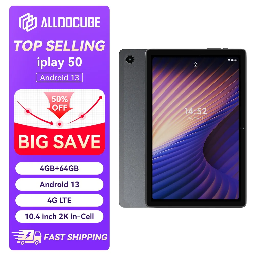 Alldocube-Tablette iPlay 50, écran 2K, 10.4 pouces, Android12, 4 Go de RAM, 64 Go de ROM, Dean Octa-core, CPU, protection en verre du Guatemala, cadeau gratuit