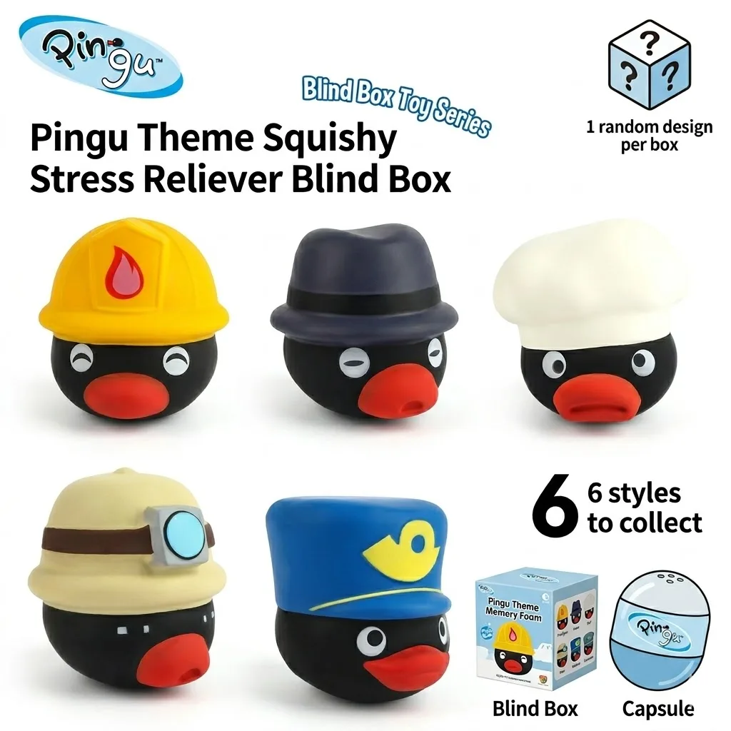 

Pingu Penguin Family Theme Squishy Stress Reliever Blind Box Toy, Kawaii Slow Rising Gashapon Figurine Set for Adult Gift