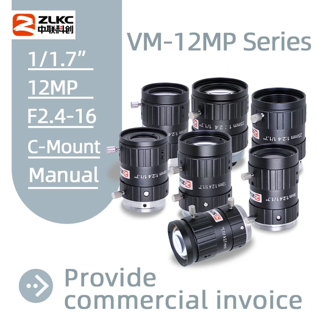 Obiektywy ZLKC 1/1.7 cala FA 4mm 6mm 12mm 16mm 25mm 35mm 50mm 75mm ze stałą ogniskową, mocowanie C-Mount, obiektywy przemysłowe do kamer o wysokiej rozdzielczości 12MP