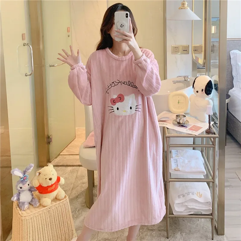 Hello Kitty Pink Pajamas Long Sleeve Round Neck Dress Autumn Homewear Winter Sleepwear Coral Velvet Costume for Women