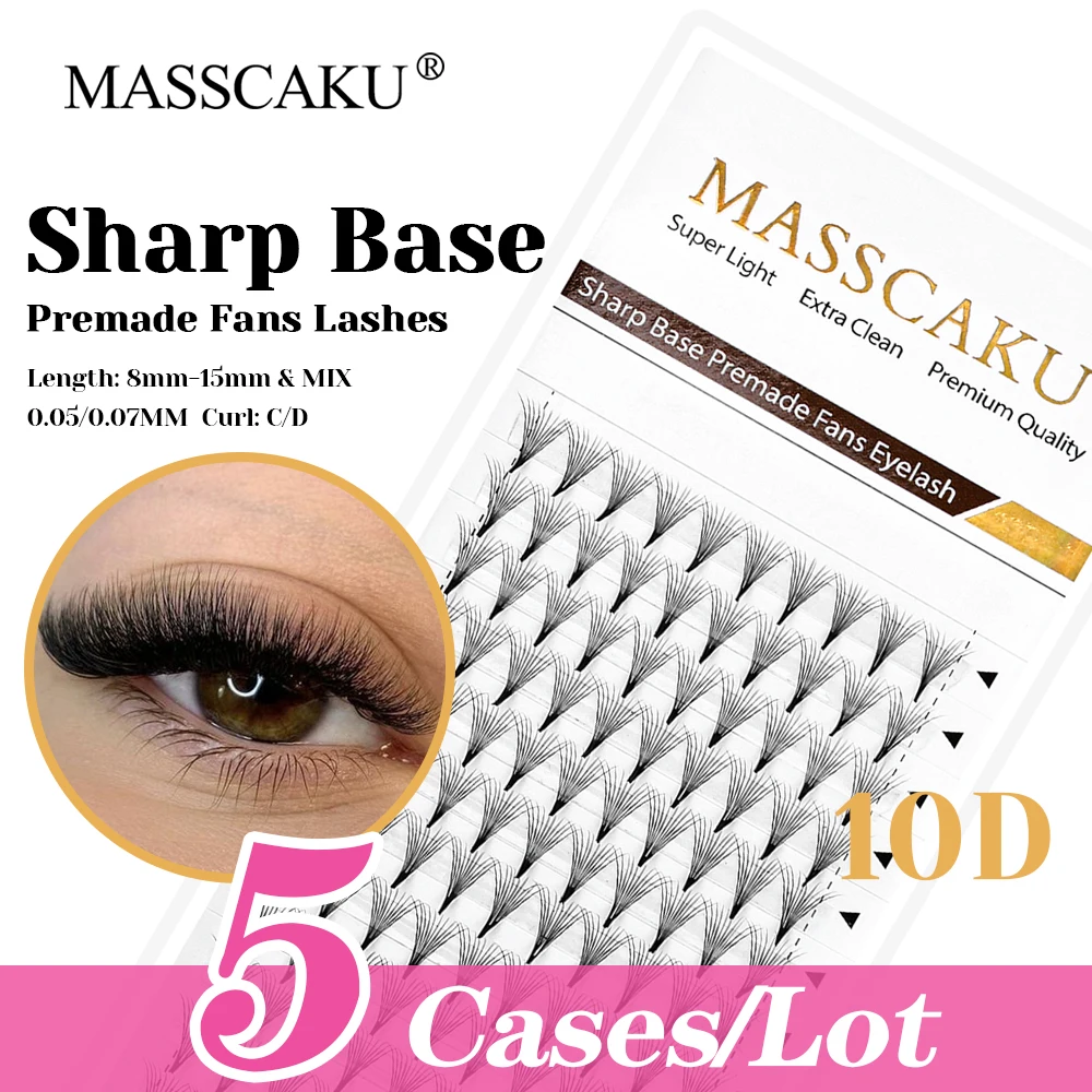 

MASSCAKU 5cases/lot 8-15mm and Mix Size Individual Narrow Root Thin Stem Lashes Matte Black 6D Sharp Base Premade Fans Eyelash