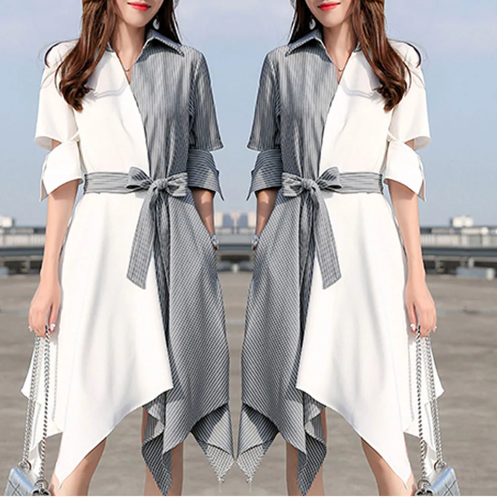 

Women New Korean Asymmetrical Elegant Patchwork Dress Belt Fashion Solid Color All-match V-neck Young Style Simplicity Clothing