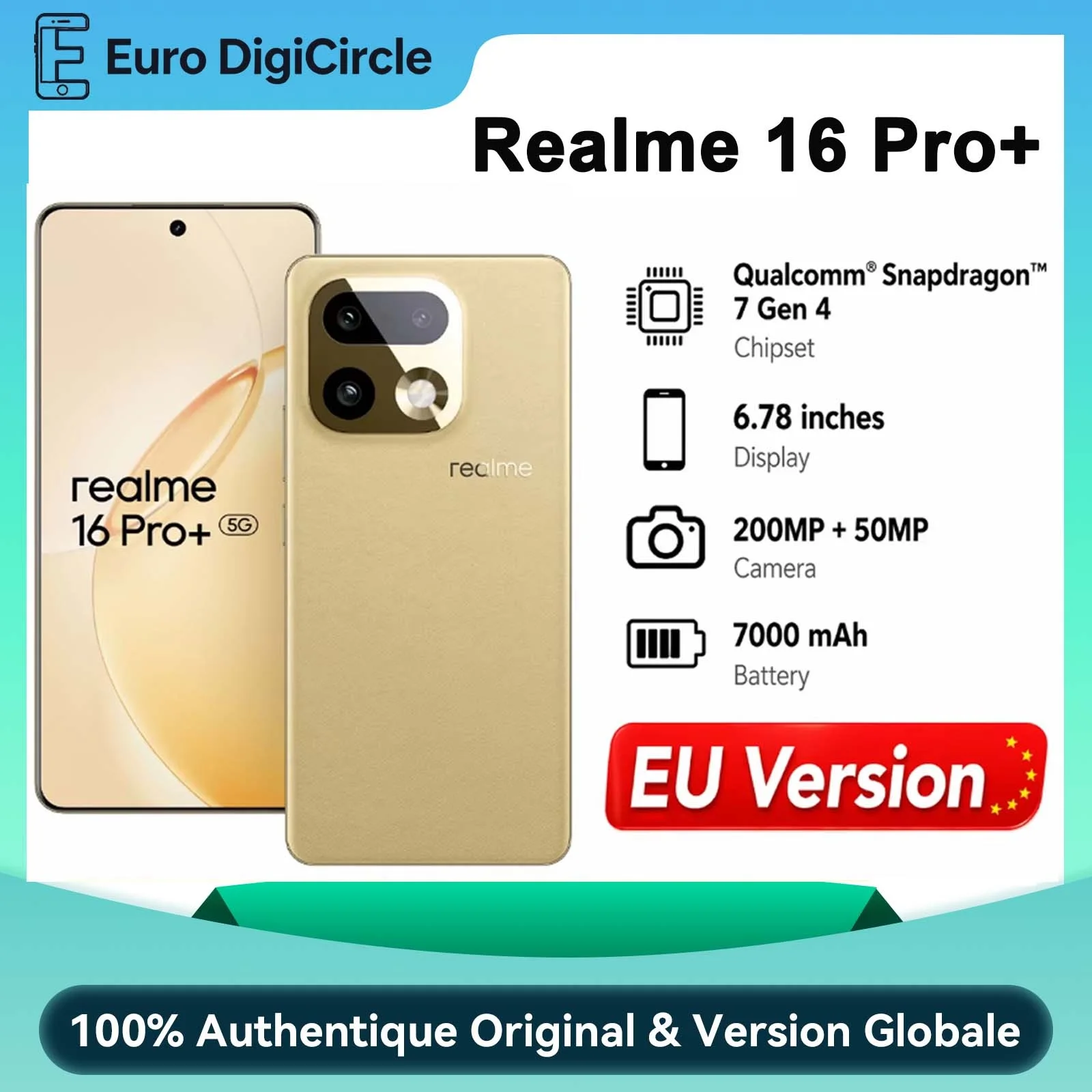 Smartphone D�bloqu� Realme 16 Pro+ 5G (EU Version) 12+512GB Gris, �cran AMOLED 144Hz, Batterie 7000mAh, Charge Rapide 80W SuperVOOC, Appareil Photo 50+200MP, Qualcomm Snapdragon 7 Gen 4, LPDDR5X, Indice IP69 �tanche