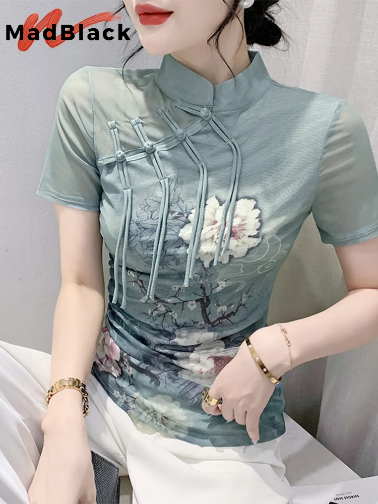 

MadBlack Summer European Clothes Tshirts Ladies Sexy Stand Collar Print Slim Tops Short Sleeve Office Workwear Tees T37115JM