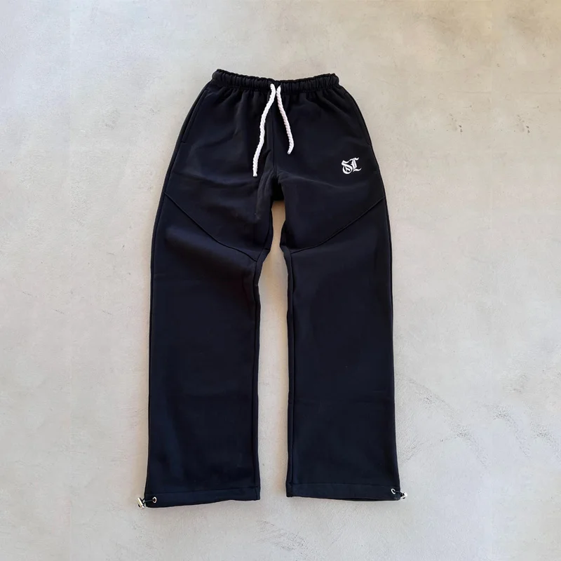 Pantaloni in cotone Y2K stile semplice tinta unita uomo donna modello moda pantaloni da pavimento ricamati pantaloni a vita gamba dritta regolabili