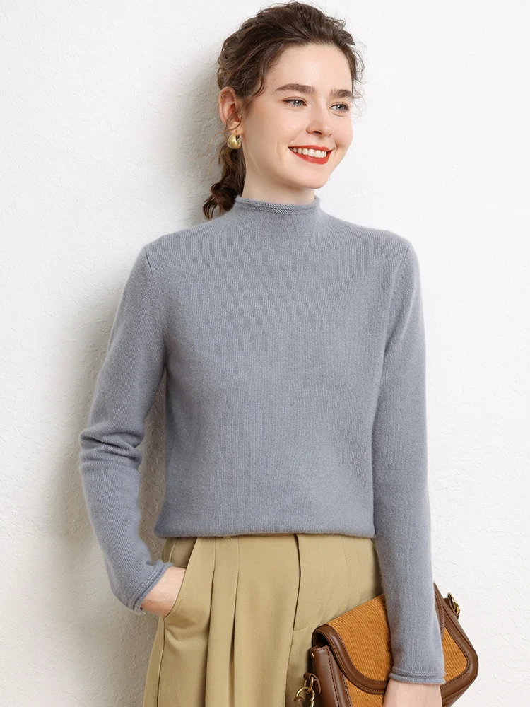 Autumn Winter Women's 100% Cashmere Sweater Mock Neck Slim Pullover Basic Thick Cashmere Knitwear Soft Warm Long Sleeve Clothing