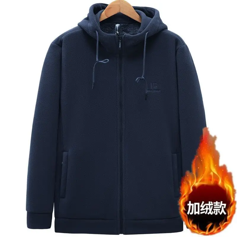 Men's Fleece Jacket Polar Fleece Sports Drawstring Hood Solid Color Long Sleeve Coat Casual Classic Full Zip Softshell Jackets