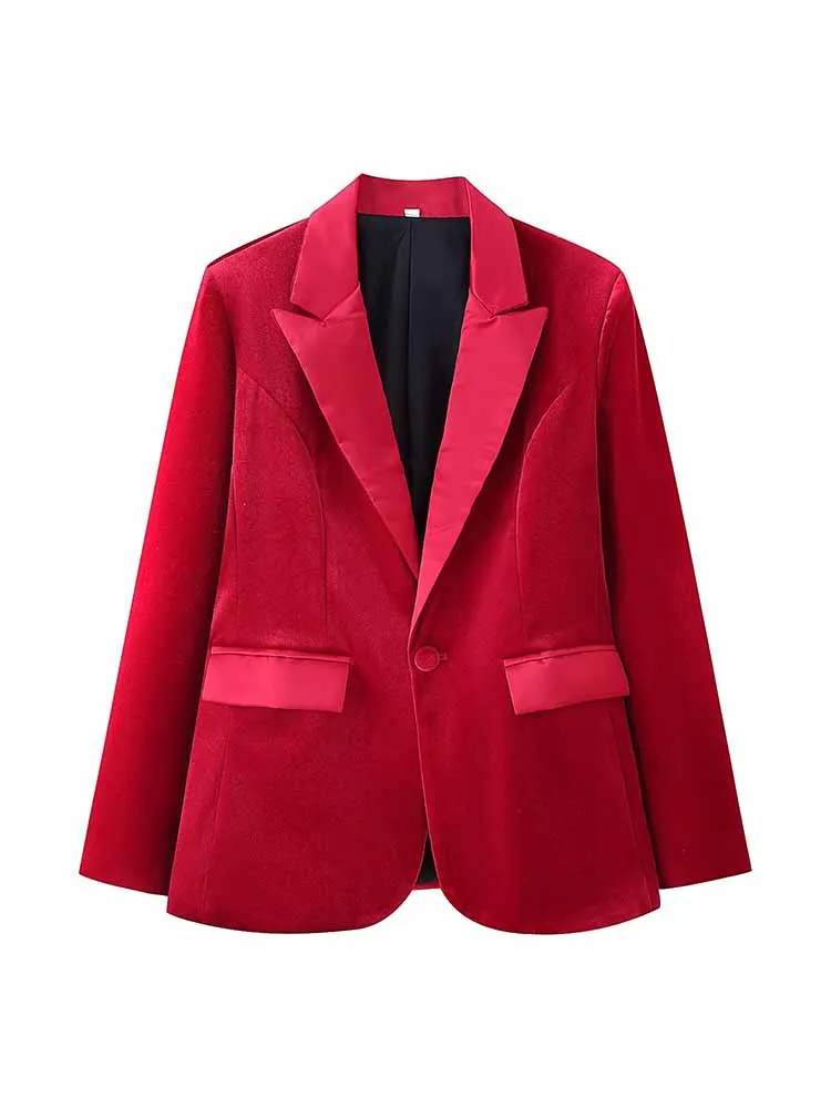 Damski wiosenny komplet: marynarka z długim rękawem z aksamitu w jednolitym kolorze + spodnie garniturowe z guzikami, uniwersalny dwuczęściowy zestaw.