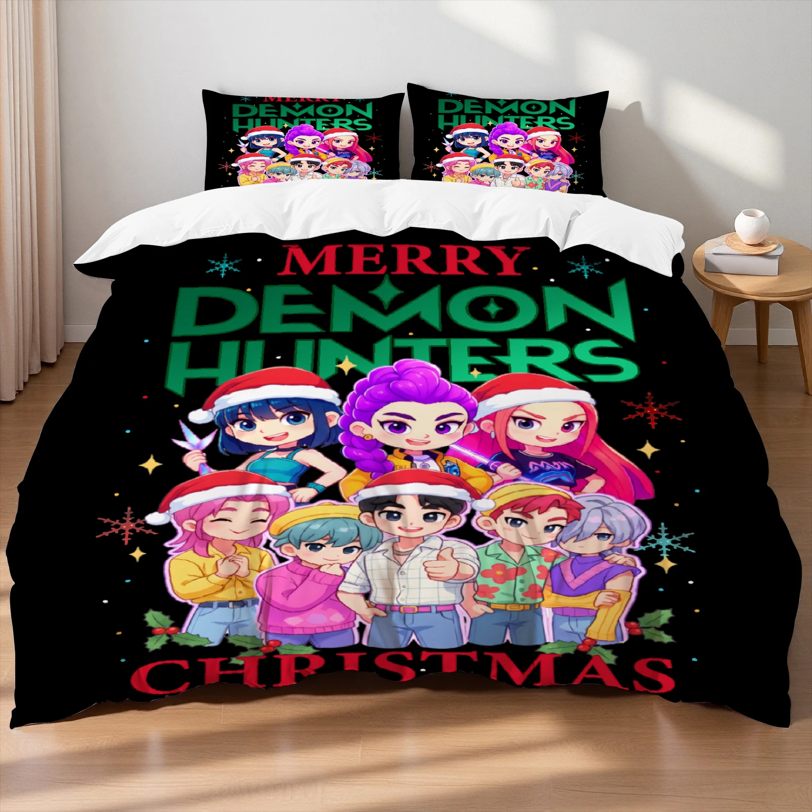 

Christmas K-Pop Demon Hunters Themed Colorful Print Polyester Student Dormitory Bed Sheet Duvet Cover Kid Gift Home Textile