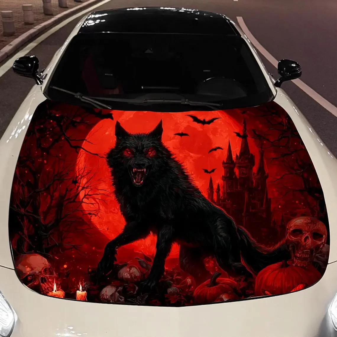 Blood Moon Black Wolf Car Vinyl Wrap, PVC Material Waterproof Car Hood Sticker, Self-Adhesive Scratch-Resistant Stickers for Eng