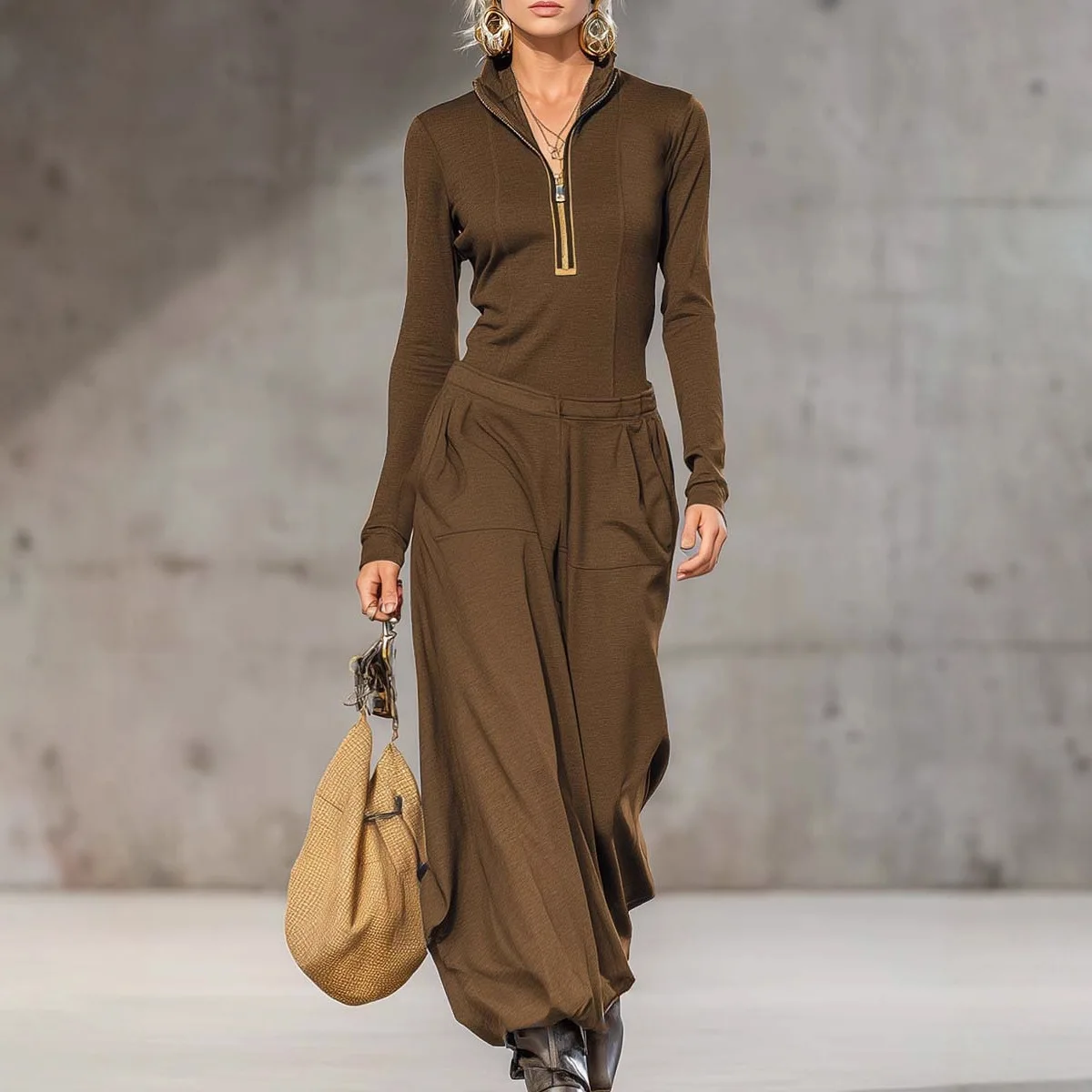

2025 New Women Casual Street 2 Pieces Sets Fashion Trends Knit Lapel Tops & High Waisted Wide Leg Pleated Pants Suits Outfits