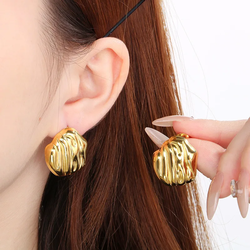 316 Stainless Steel 3D Wrinkled Irregular Square Spring Hoop Earrings Gold Silver Fluid Texture Art Heavy Unique Daily Jewelry S