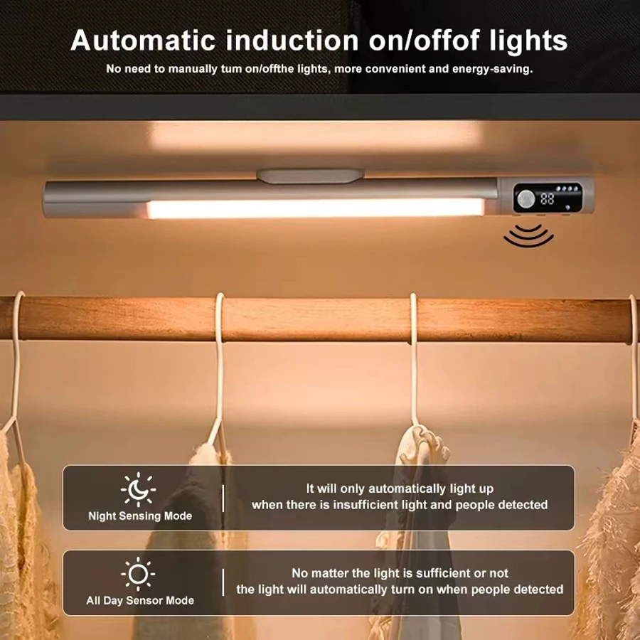 แผ่นเรืองแสงกลางคืนสำหรับตู้ครัวและที่เก็บของแบบชาร์จได้แบบพกพา USB แบบไร้สายสำหรับตู้เสื้อผ้าเซ็นเซอร์ตรวจจับการเคลื่อนไหว